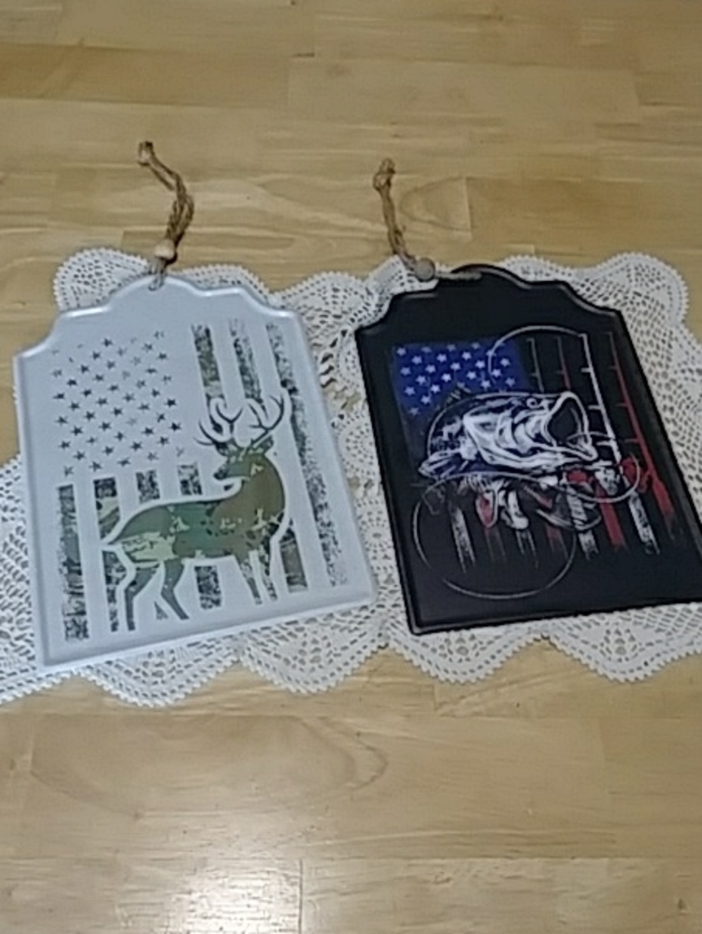 Man cave hunting and fishing  hanging plaques with twine hang